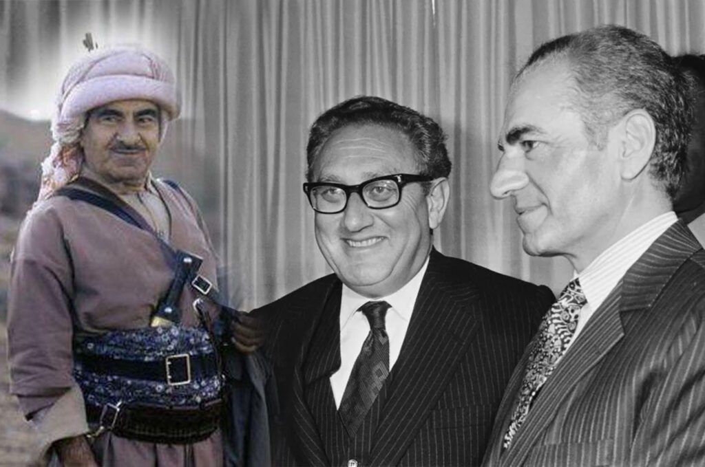 هنری کسینجر و محمدرضا شاه پهلوی و یک مرد کورد